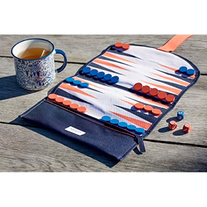 Joules NAVY & ORANGE TRAVEL BACKGAMMON SET WITH ROLL UP GAMEBOARD WITH ZIP POCKET PLUS 30 WOODEN COUNTERS AND 3 DICE - Image 5